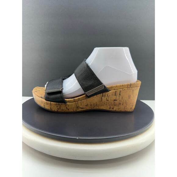 VIONIC Pepper Womens Sz 8 Black Leather Open Toe Platform Slip On Wedge Sandals - Picture 1 of 15